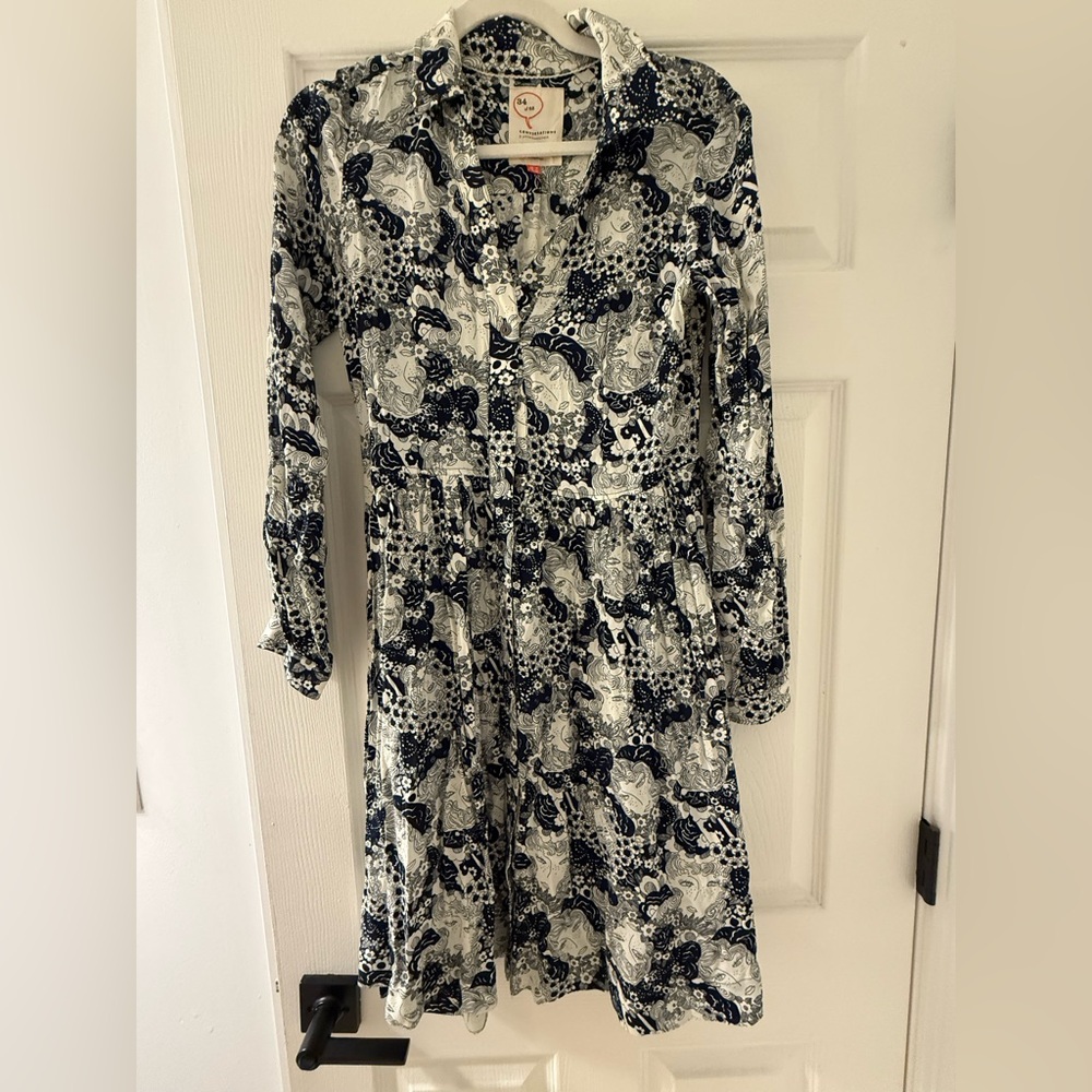 Patterned Navy and Cream Long Sleeve Dress